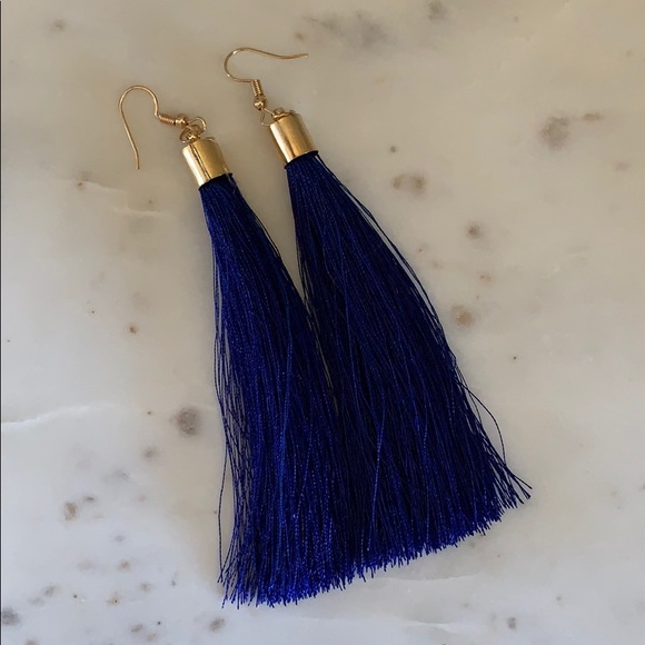 Long Blue Tassel Earrings - Picture 3 of 4